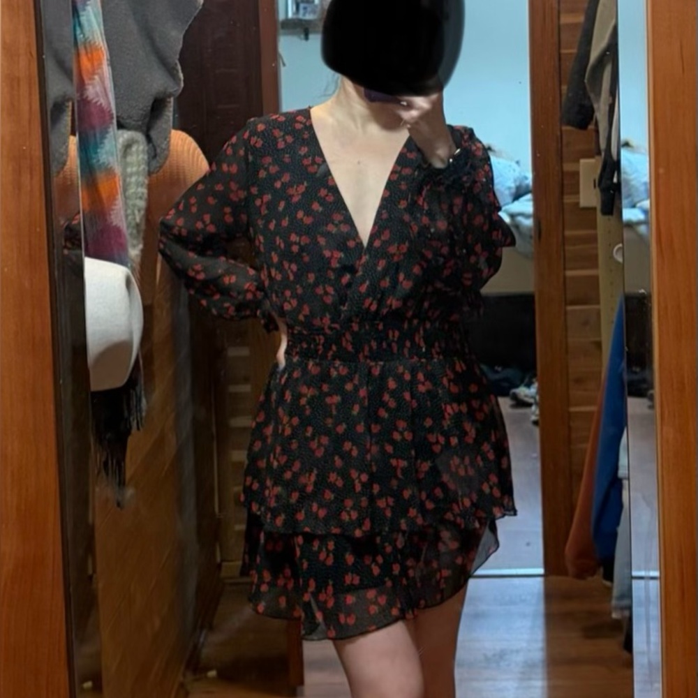 Zara Women's Floral Print Dress Ruffle Skirt Black Red Size Medium